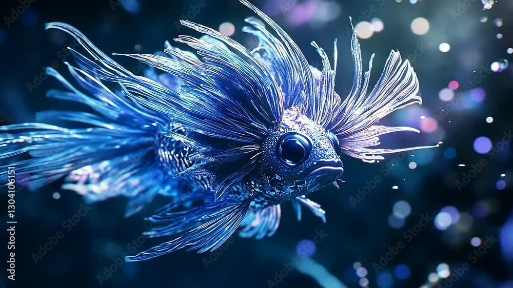 Vibrant blue fish swimming gracefully in a shimmering underwater scene with sparkling light