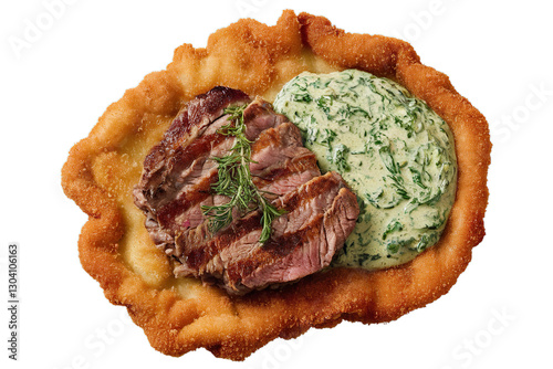 A photo of a fried breaded wiener schnitzel with a cooked meat steak