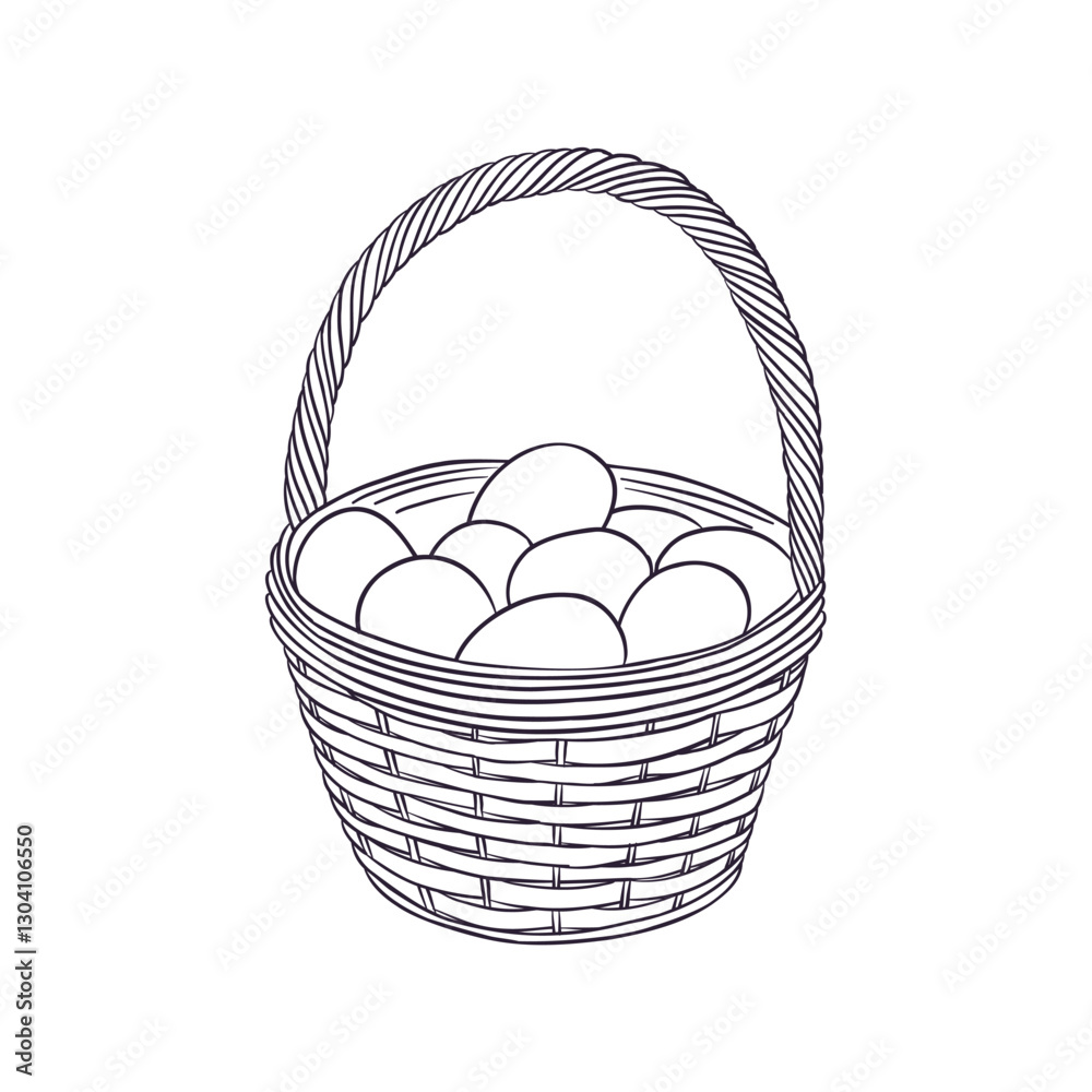 Fototapeta premium vector drawing basket with eggs, Easter monochrome line composition at white background, hand drawn illustration