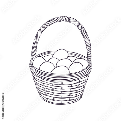 vector drawing basket with eggs, Easter monochrome line composition at white background, hand drawn illustration