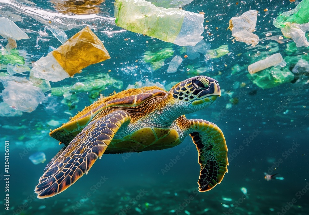 Fototapeta premium Majestic Sea Turtle Navigating Through Colorful Marine Plastic Waste at Ocean Surface in a Luminous Underwater Scene