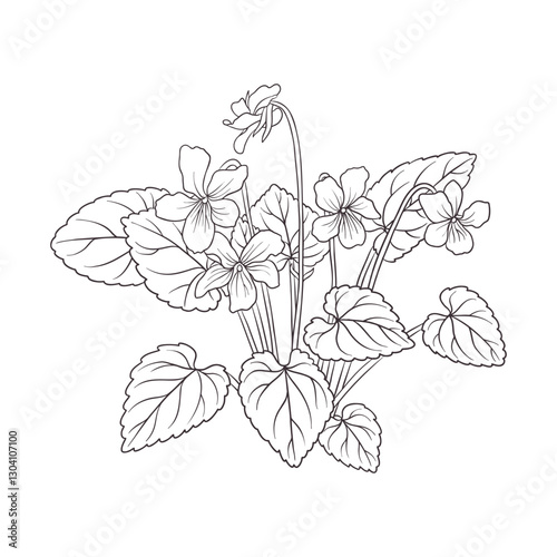 vector drawing spring flowers, violets,, monochrome line composition at white background, hand drawn illustration