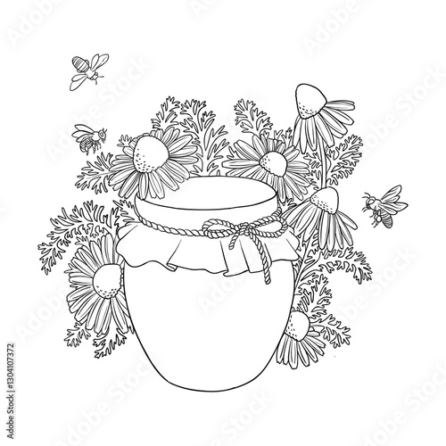 vector drawing jar of honey, chamomile flowers and bees , monochrome line composition at white background, hand drawn illustration