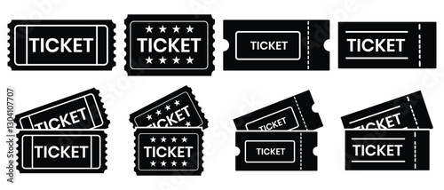 Ticket icon set. Vector Ticket and Coupon Icon Set. Tickets for cinema, movie, circus, carnival, film, festival, flight, music, theater, sport, etc. Vector illustration.