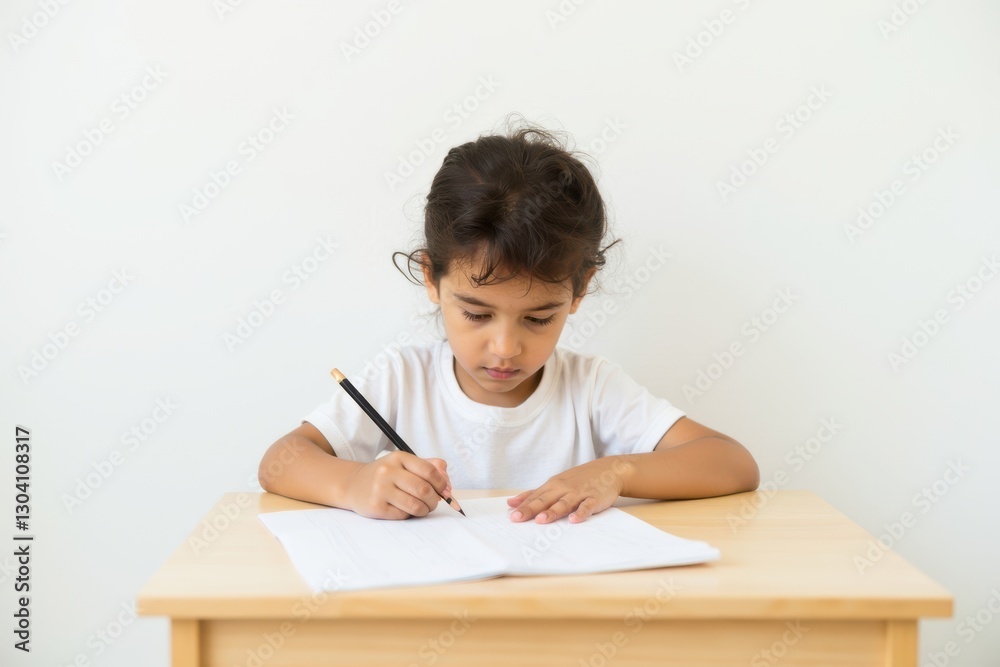Child focusing on drawing at a wooden table Child focusing on drawing at a wooden table