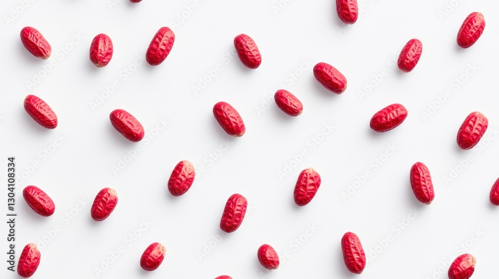 Red seeds scattered on white background, food texture, flat lay, design Red seeds scattered on white background, food texture, flat lay, design