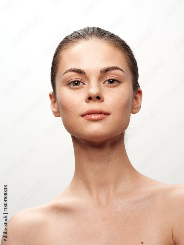 Beautiful young woman with clean skin on white background embracing natural beauty and healthy lifestyle concept portrait Beautiful young woman with clean skin on white background embracing natural beauty and healthy lifestyle concept portrait