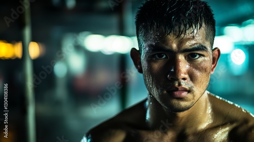 Boxer's Intense Gaze in Gym