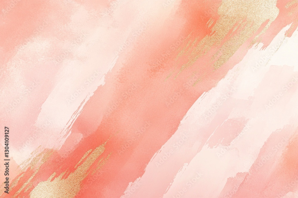 Fototapeta premium Peach watercolor background with white brush strokes and subtle shimmer of rose gold foil, flat lay, top view