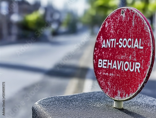 Close-up of weathered red sign reading anti-social behaviour on urban street, blurred background. Symbolizing societal issues and public warnings.