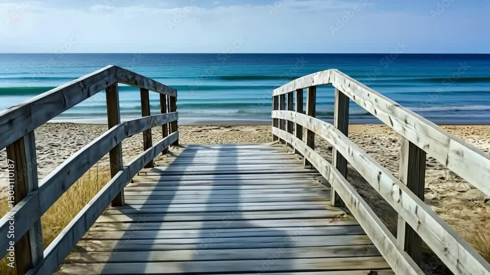 Wooden Bridge to the Beach: A wooden bridge leading to a pristine sandy beach, bathed in the warm glow of the sun, with sparkling turquoise waters stretching out to the horizon. Wooden Bridge to the Beach: A wooden bridge leading to a pristine sandy beach, bathed in the warm glow of the sun, with sparkling turquoise waters stretching out to the horizon.