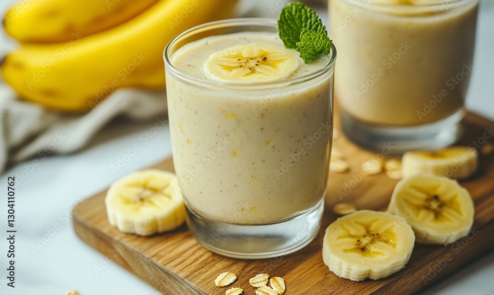 oatmeal banana smoothie, with a white background and light blue and yellow accents oatmeal banana smoothie, with a white background and light blue and yellow accents