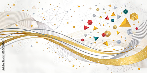 A white background with colorful geometric shapes scattered across the background. There are shiny gold and silver wavy lines running along the bottom of the image.