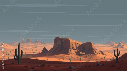Serene Desert Landscape with Cacti and Monument Valley-esque Rock Formations