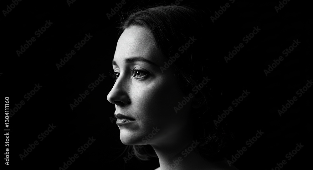 Contemplative Woman in Black and White Portrait - Thoughtful Profile with Dramatic Lighting on Dark Background. Contemplative Woman in Black and White Portrait - Thoughtful Profile with Dramatic Lighting on Dark Background.