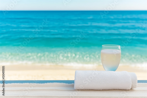 A relaxing beach view with soft waves and a towel with a glass of water on the sand. The soothing colors of the water and sky create a calming, peaceful scene. photo