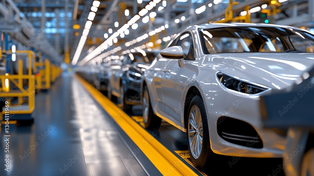 A modern automotive assembly line showcasing advanced robotics and vehicle production. Perfect for industrial, tech, and manufacturing-related projects A modern automotive assembly line showcasing advanced robotics and vehicle production. Perfect for industrial, tech, and manufacturing-related projects