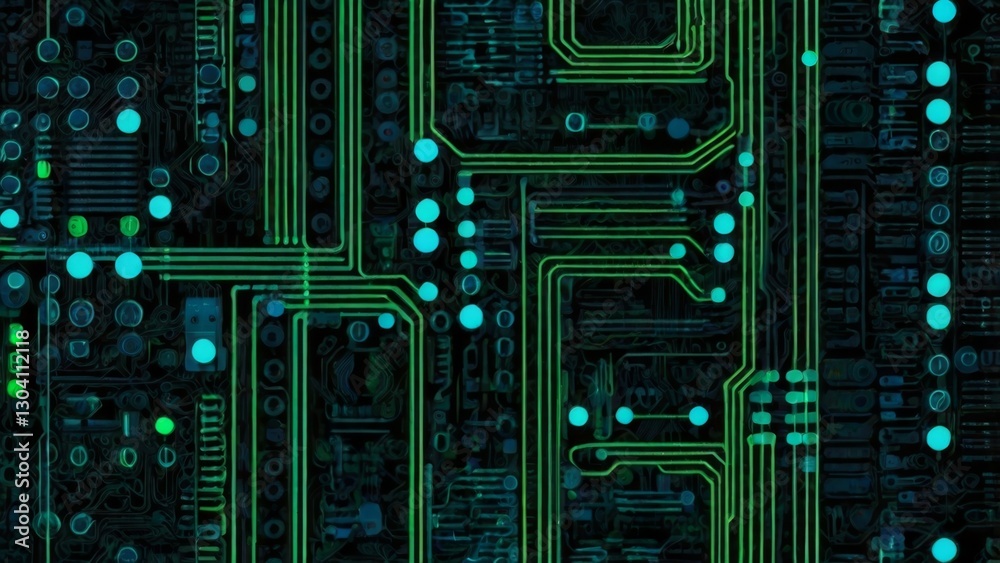 Fototapeta premium The design features abstract circuit lines, glowing binary code, and stylized semicolons subtly integrated into the pattern. The color scheme is a sleek combination of black, neon blue, and electric g