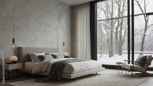 A serene bedroom scene featuring a sleek window sill crafted from quartz agglomerate, measuring 12 mm in thickness, and painted a crisp, pure white that subtly contrasts with the surrounding walls. Th