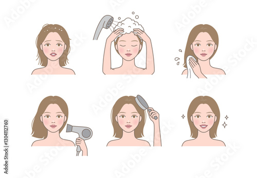 Beautiful woman washing her hair with shampoo, and drying her hair