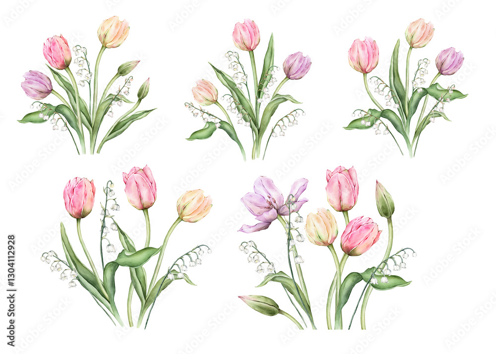 custom made wallpaper toronto digitalSet of Bouquets of Pastel multi-colored Tulips and tender white lily of the valley. Watercolor Hand drawn illustration delicate garden composition bulbous flower for spring wedding design or card