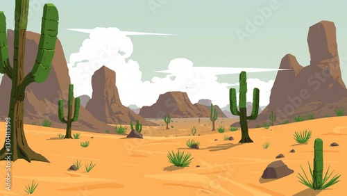 Panoramic View of a Desert Landscape with Cacti and Mountains