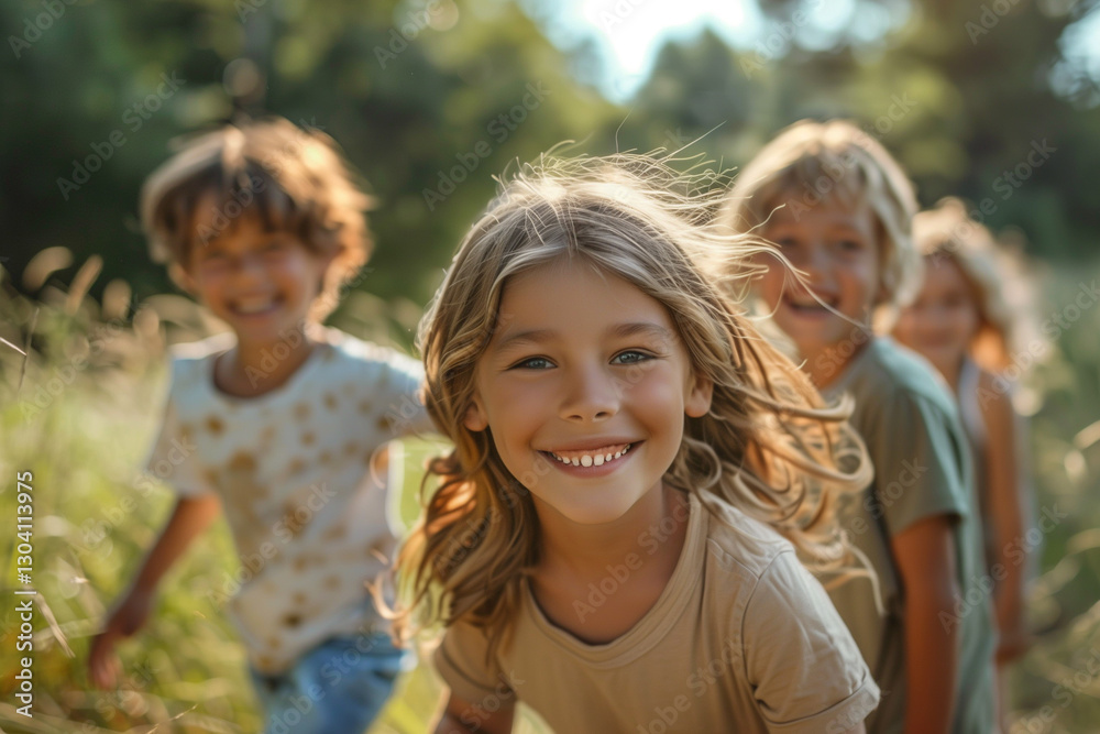 Fototapeta premium Happy kids playing outside and having fun together in summertime
