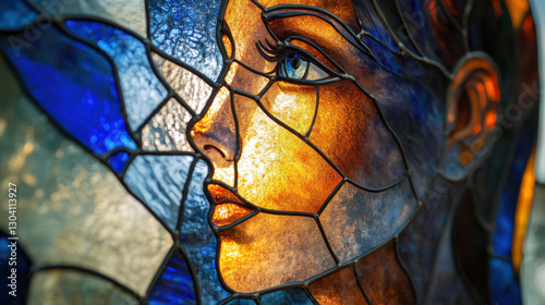 A breathtaking stained glass portrait of a spiritual icon, presented in close-up, highlighting expressive facial features and intricate glasswork