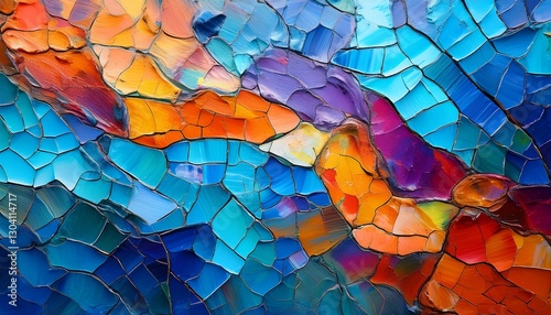 Vibrant abstract mosaic artwork featuring rich textures and bold colors. The intricate stained-glass-inspired pattern blends blue, orange, and purple hues, creating a dynamic and artistic composition.