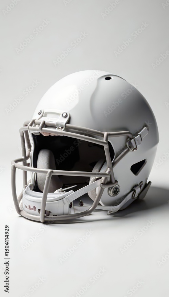 Fototapeta premium Modern football helmet, pristine white backdrop, competition, impact