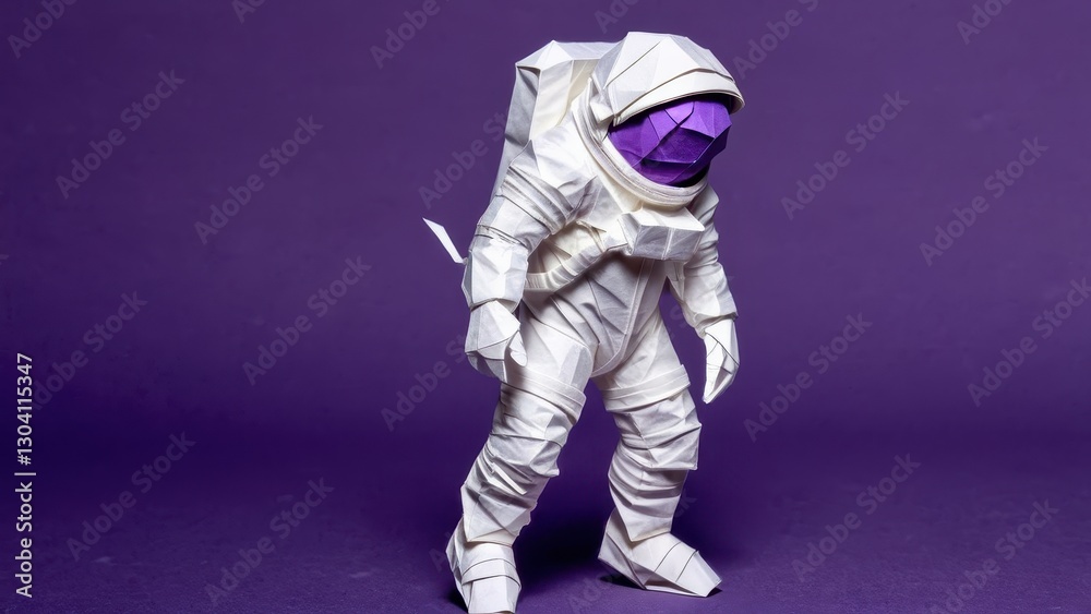 A vibrant origami astronaut stands boldly against a purple backdrop A vibrant origami astronaut stands boldly against a purple backdrop