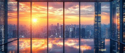 Sunset view from a modern city high-rise office.