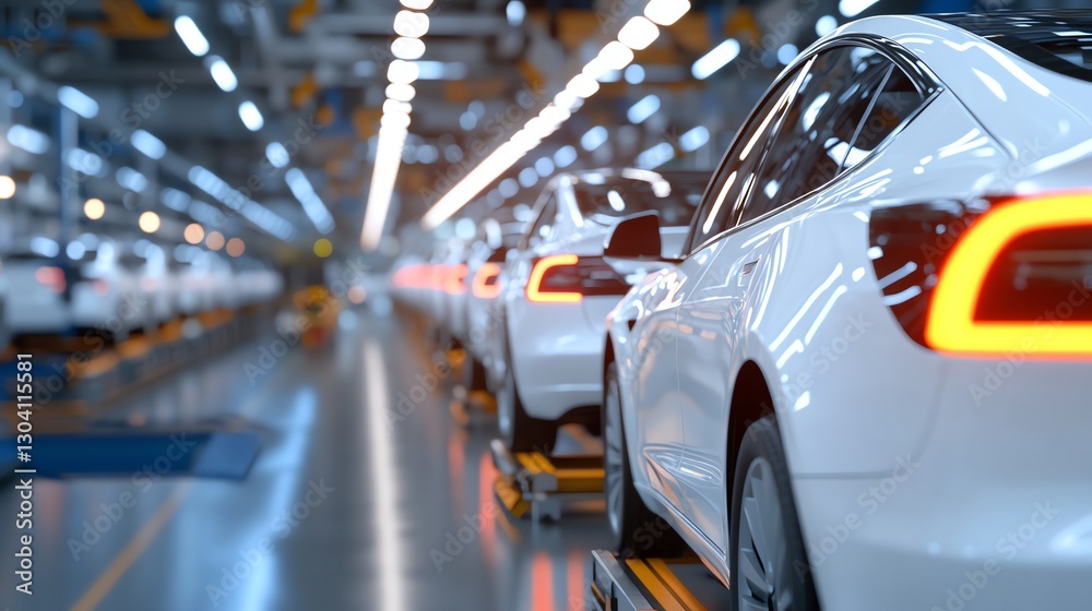 A modern automotive assembly line showcasing advanced robotics and vehicle production. Perfect for industrial, tech, and manufacturing-related projects A modern automotive assembly line showcasing advanced robotics and vehicle production. Perfect for industrial, tech, and manufacturing-related projects