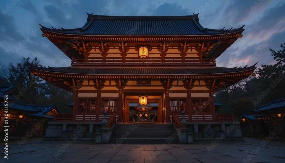 Fototapeta premium Traditional Japanese Temple Glowing with Lanterns at Twilight