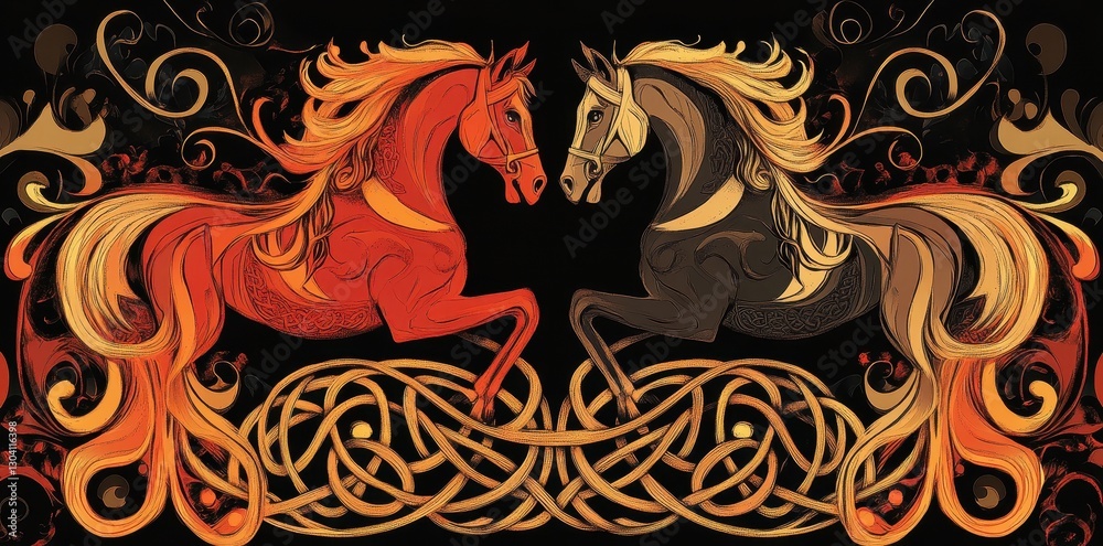 Obraz premium Two stylized horses face each other in an ornamental design