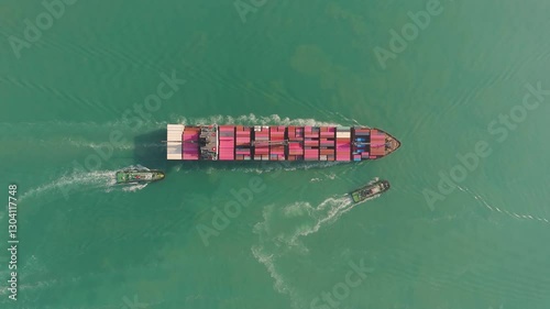 Aerial view container cargo ship transportation container for business logistics, export import or freight transportation.