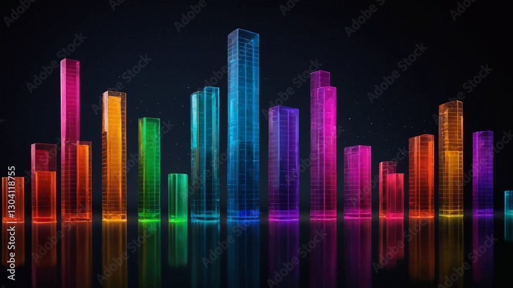 A modern D bar graph in vibrant colors on a dark gradient background, with reflections and shadows enhancing its professional and sleek look A modern D bar graph in vibrant colors on a dark gradient background, with reflections and shadows enhancing its professional and sleek look