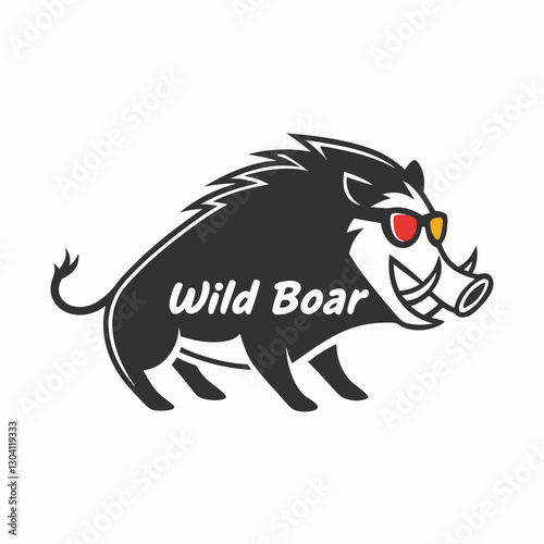 Playful and Modern Wild Boar Illustration: Cartoonish Design with Bold 'Wild Boar' Text and Red Sunglasses - Digital Art for Merchandising"