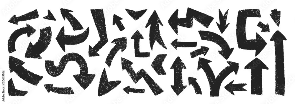 Collection of hand drawn arrows with crayon, pastel or chalk texture. Zigzag. corner and circle arrows for comic design. Black vector illustration on a white background. Collection of hand drawn arrows with crayon, pastel or chalk texture. Zigzag. corner and circle arrows for comic design. Black vector illustration on a white background.