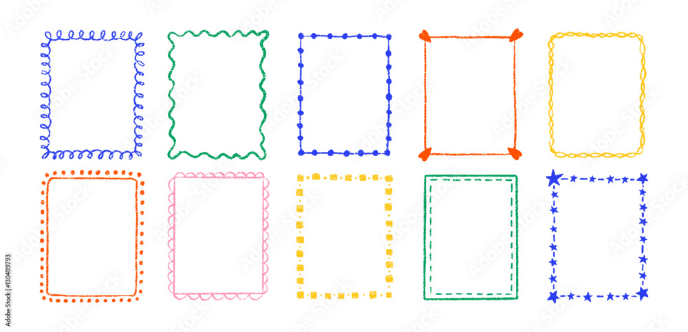 Set of outline squiggle frames with crayon, chalk or pastel texture. Design elements for photo decoration. Color vector illustration isolated on a white background.