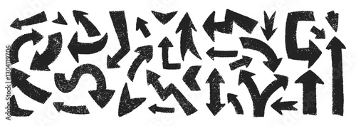 Collection of hand drawn arrows with crayon, pastel or chalk texture. Zigzag. corner and circle arrows for comic design. Black vector illustration on a white background.