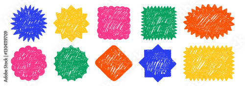 Set of labels or different geometric shapes with zigzag edge and crayon chalk or pastel texture. Circle, rhomb, oval and rectangle. Color vector illustration.