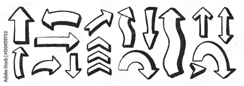 Set of grunge arrows with crayon, chalk or pastel texture. Scribble hand drawn elements for school design. Black vector illustration on a white background.