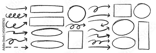 Set of arrows, ovals and rectangles with crayon, chalk and pastel texture. Handwritten design elements for study or diary. Sketch vector illustration isolated on a white background.