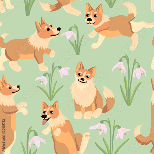 vector drawing seamless pattern with cute puppy, sitting little dogs, welsh corgi and spring flowers at mint green background, hand drawn illustration