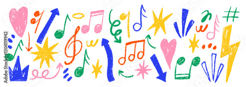 Grunge rock punk music elements with crayon, pastel and chalk texture. Lightning, star, notes and crown in doodle style. Color vector illustration isolated on a white background.