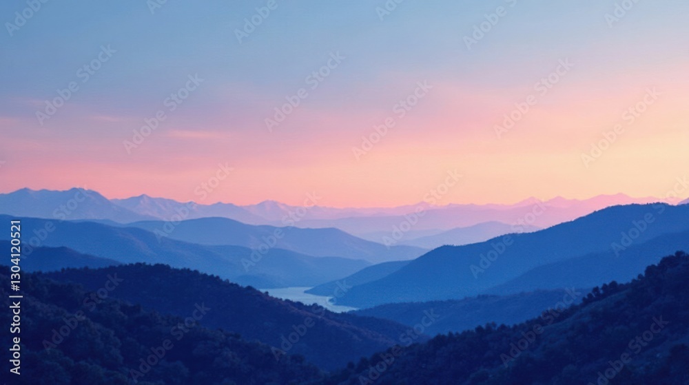Obraz premium Serene Sunset Hues Over Rolling Mountain Ranges and a Tranquil Valley Lake