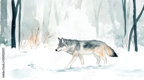 A lone wolf walks through a snowy forest, surrounded by tall trees in a serene, wintry landscape.