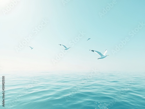 Serene Coastal Scene with Seagulls Flying Over Calm Ocean Water Under a Clear Blue Sky at Sunrise
