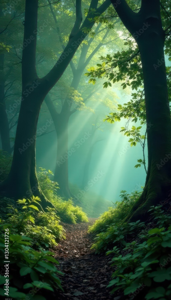 Obraz premium Enchanted misty forest, retro film grain effect, enchanted, mountain, photo